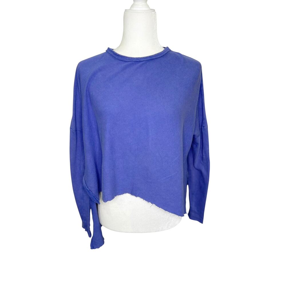 Out from Under Blue Long Sleeve Slouchy Cropped Thrashed Hi-Lo Top
